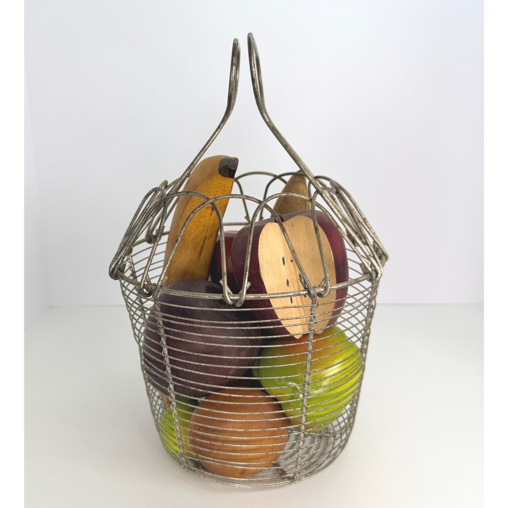 French egg wire basket with wooden fruits vintage primitive‎ decor fruit basket